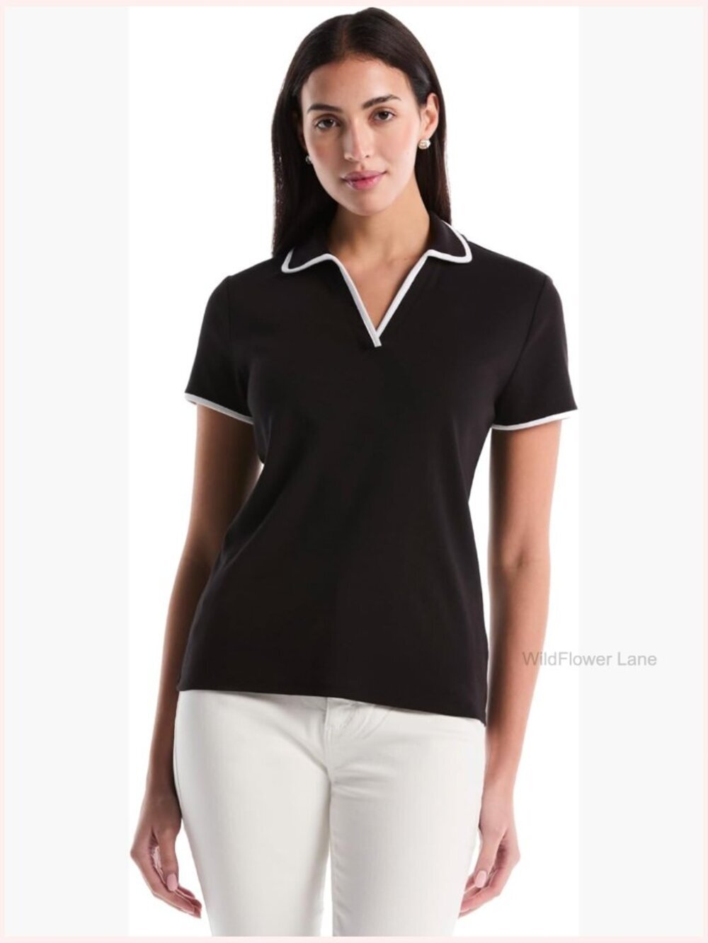 Women's Short Sleeve 100% Cotton Rib Knit Polo Shirt Johnny Collar Contrast Trim